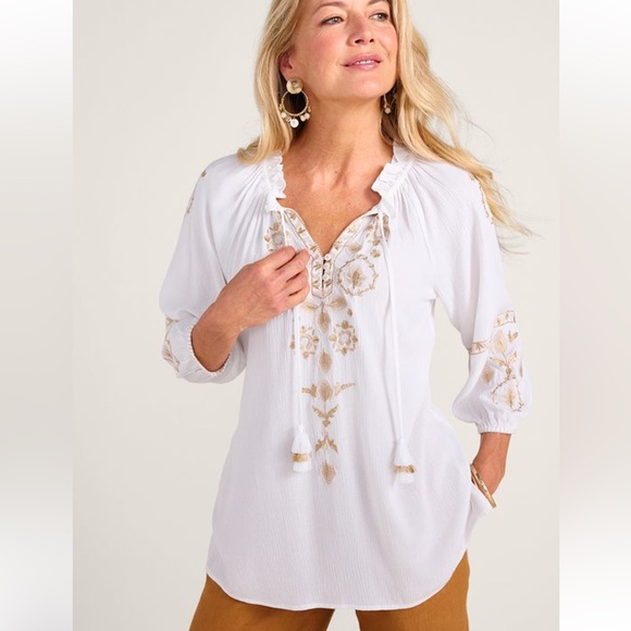 Soft Surroundings Tops - Soft Surroundings Embroidered Peasant Blouse White Gold | petite large